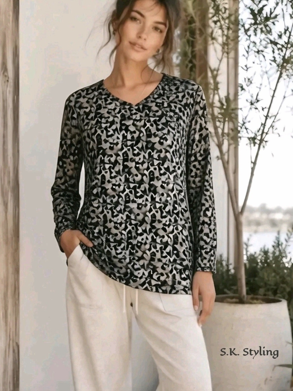 Croft & Barrow Layered Stretch Mesh Pullover Top 3/4 Sleeve Multicolor L/XL